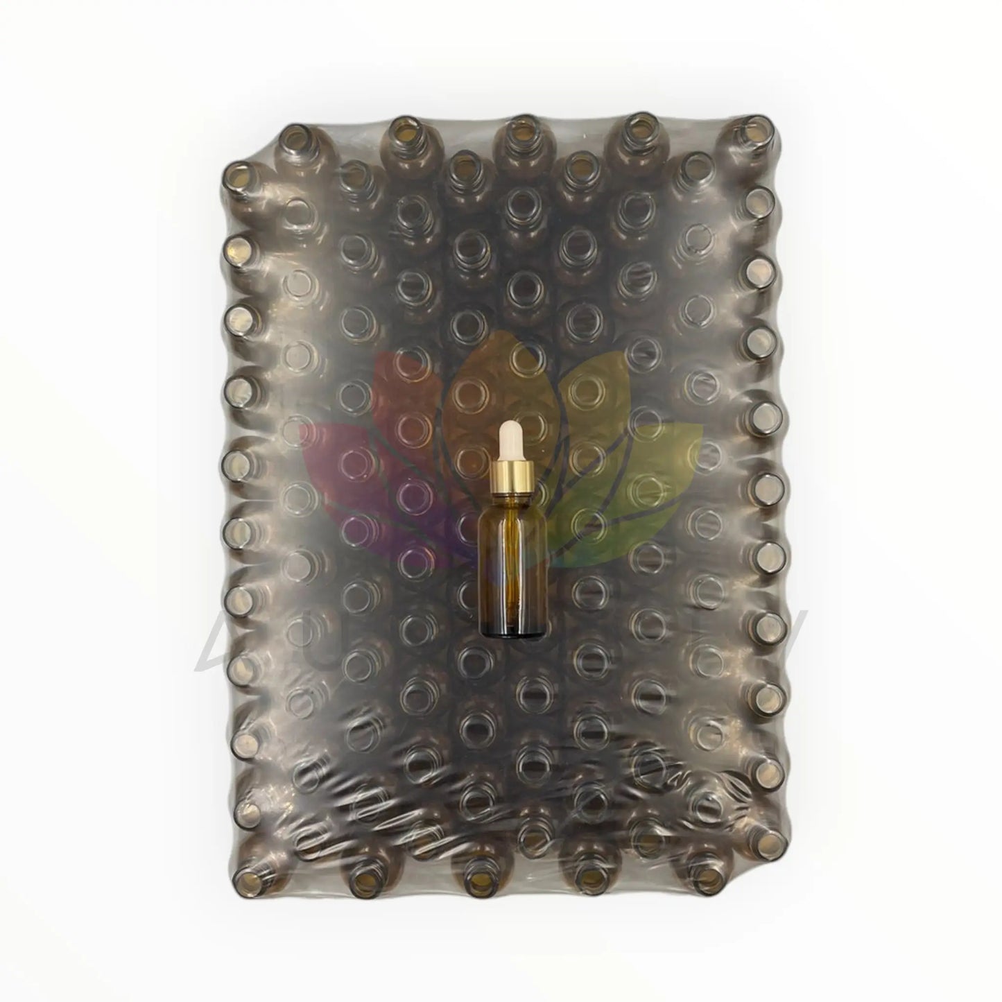 Bandeja 110 gotarios 30ml ambar tapa dorada gotero blanco